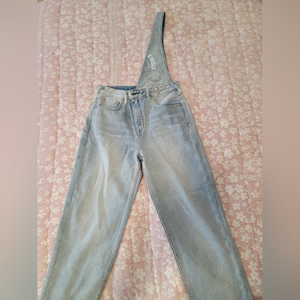 Evisu Light Blue One Shoulder Overalls Jeans